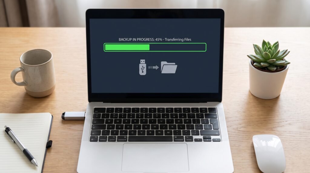 Cópia e backup de segurança de arquivos do pendrive para o notebook.