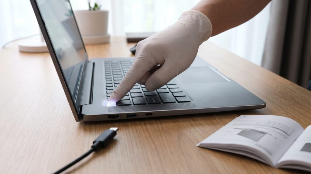 Dedo de uma pessoa pressionando firmemente o botão de ligar do notebook desconectado da tomada para realizar um hard reset.