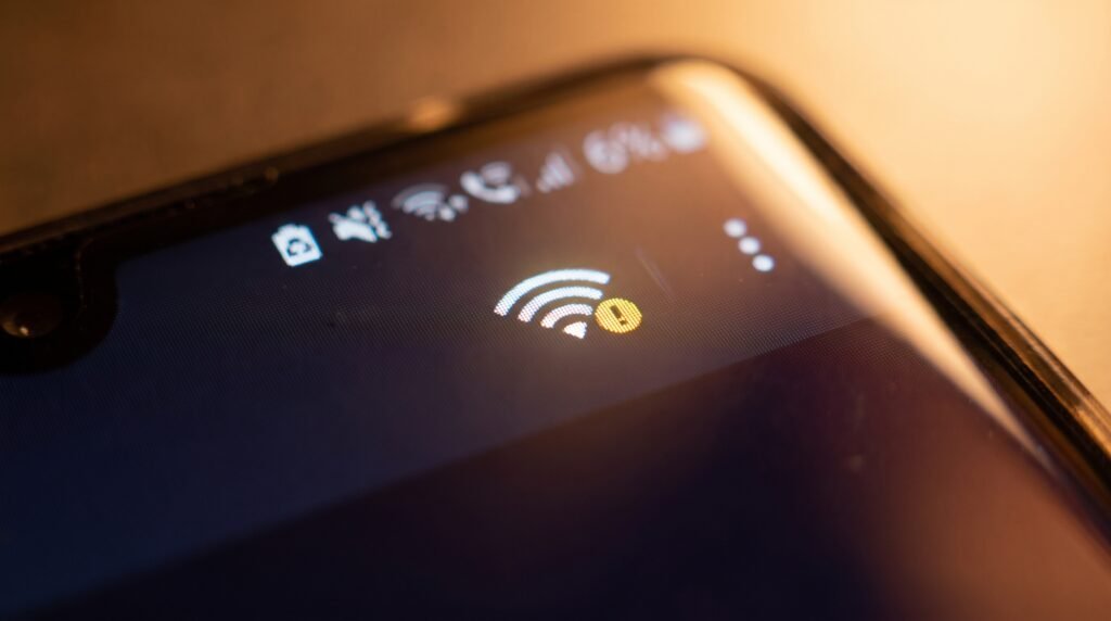 Detalhe do topo da tela de um celular mostrando o ícone de Wi-Fi com um ponto de exclamação alertando falta de conexão.