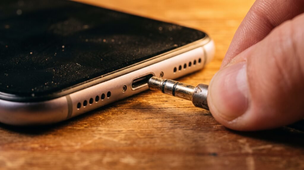 Detalhe em close-up de uma mão tentando conectar o plugue do fone de ouvido na entrada de um smartphone moderno sobre a mesa.