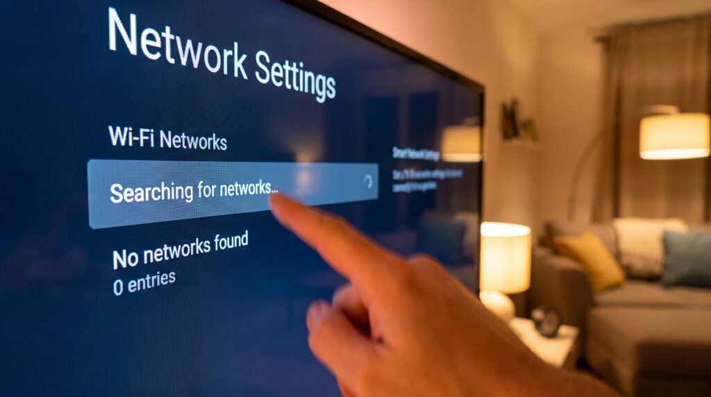 Detalhe em close-up do menu de configurações de rede da Smart TV exibindo uma lista de Wi-Fi completamente vazia sem encontrar conexões.