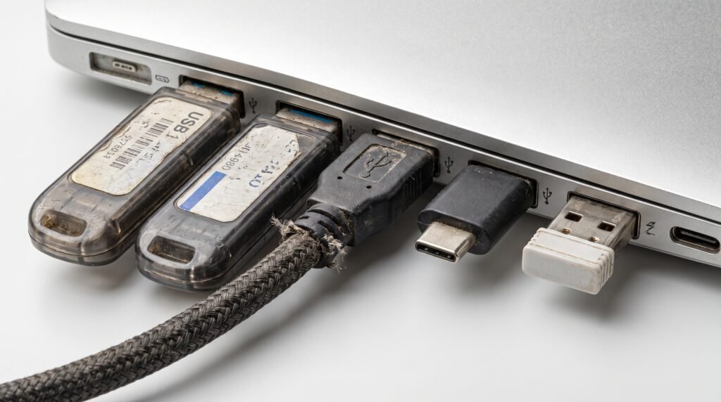 Diversos pen drives antigos e cabos USB conectados na lateral de um notebook causando conflito de inicialização.