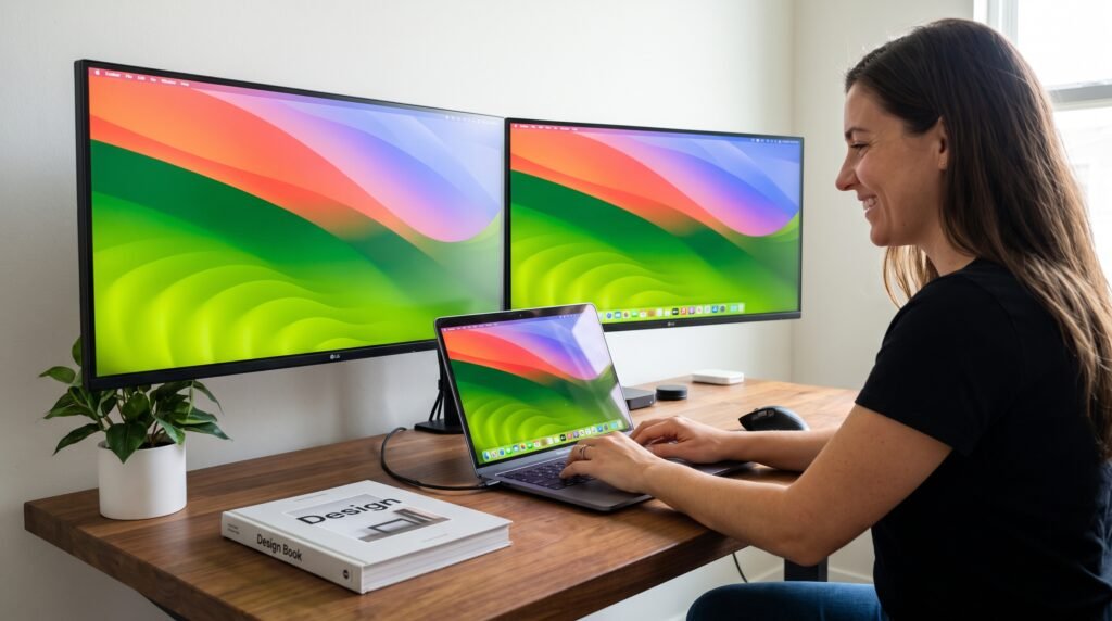 Estação de trabalho organizada com um notebook e dois monitores funcionando perfeitamente em modo estendido.