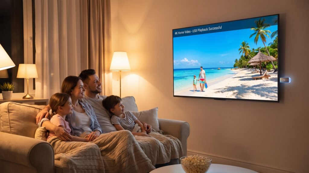 Família feliz assistindo perfeitamente a vídeos pessoais na Smart TV após conectar o pendrive.