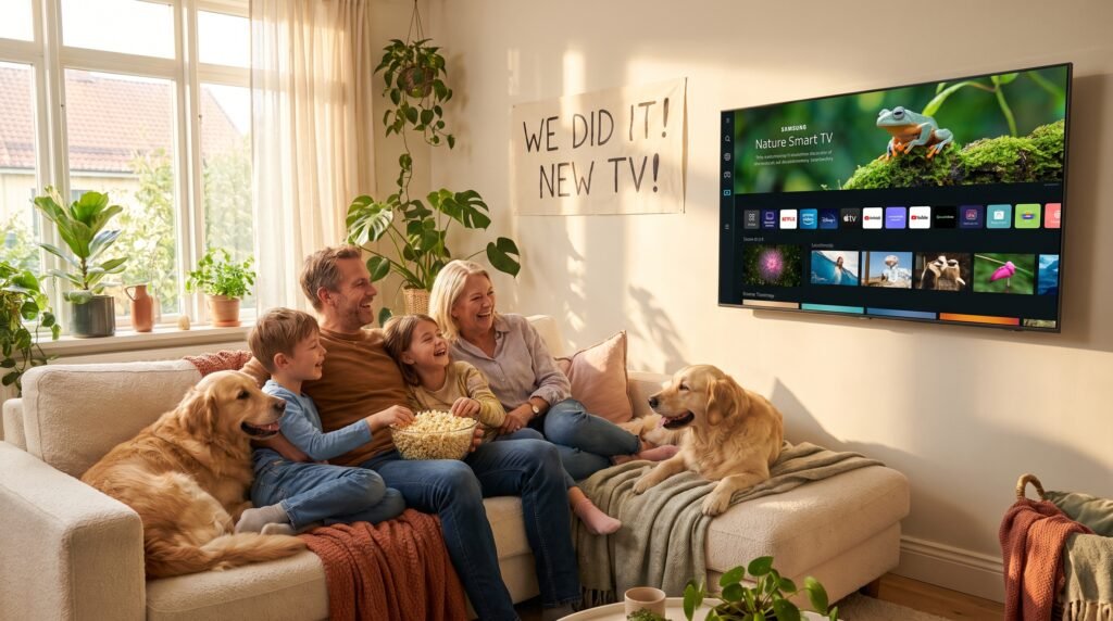 Família feliz e aliviada no sofá da sala assistindo à Smart TV que voltou a funcionar perfeitamente sem desligar.