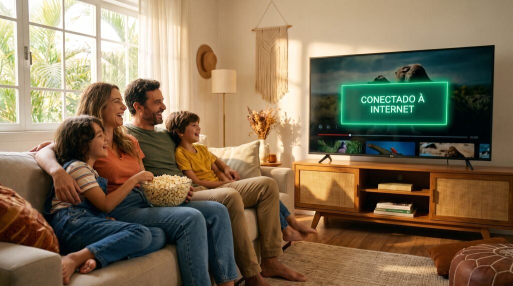 Família feliz e aliviada no sofá da sala, com a tela da Smart TV exibindo o aviso de sucesso informando que o aparelho está conectado à internet.