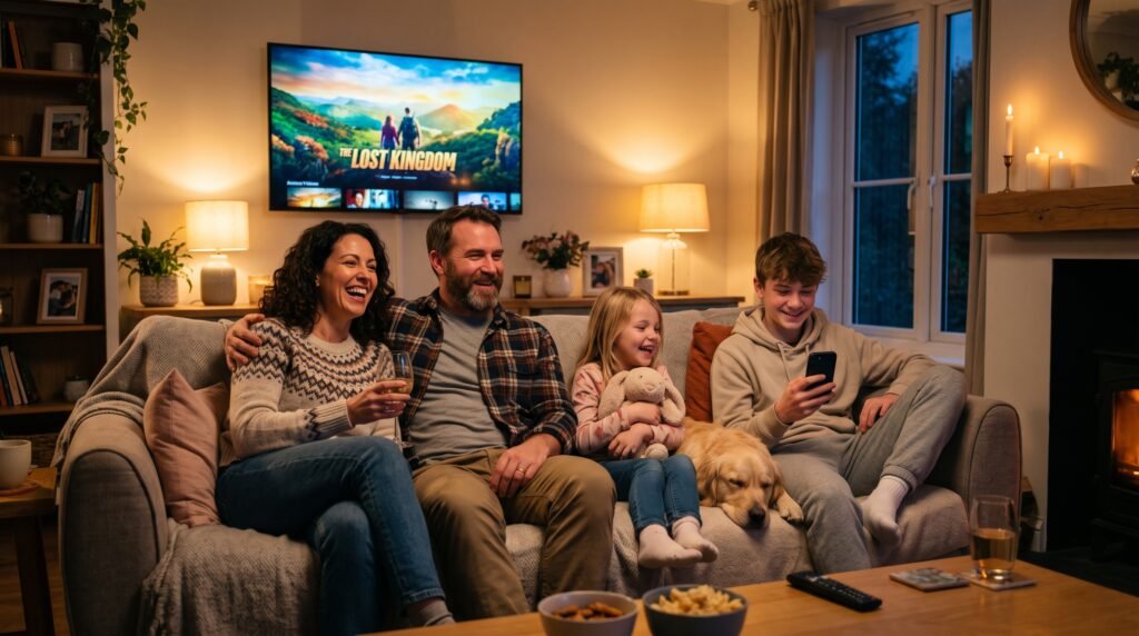 Família feliz e em paz na sala de estar assistindo a um filme na TV em alta qualidade sem que a internet trave.