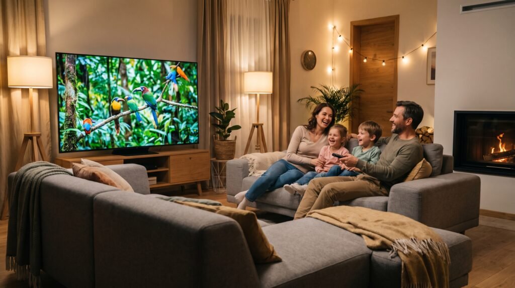 Família feliz e relaxada assistindo a um filme perfeito em um aplicativo de Smart TV sem travamentos.
