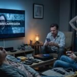 Família frustrada na sala de estar lidando com a internet lenta e sobrecarregada em vários aparelhos ao mesmo tempo.