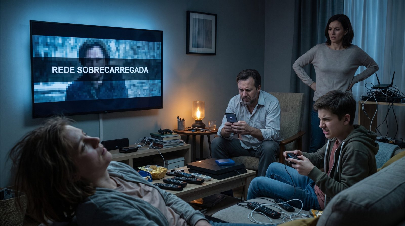 Família frustrada na sala de estar lidando com a internet lenta e sobrecarregada em vários aparelhos ao mesmo tempo.