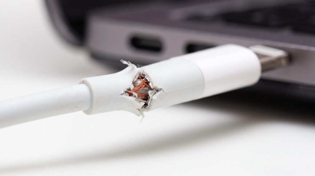 Fio de cobre interno rompido em cabo de carregador original de celular.