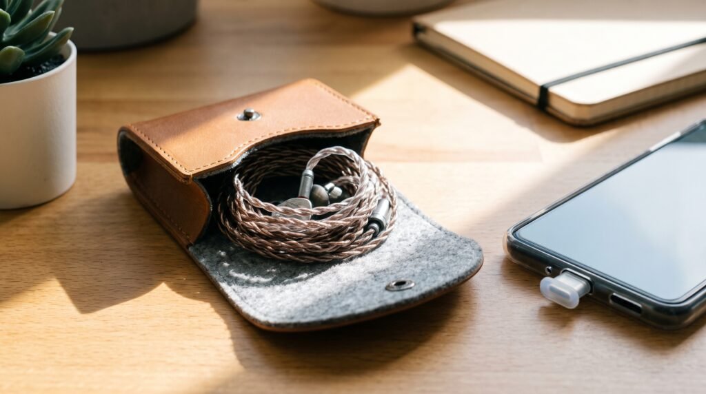 Fones de ouvido com fio cuidadosamente enrolados dentro de um estojo de proteção ao lado de um celular com protetor de poeira.