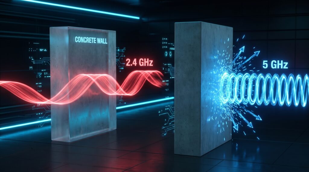 Ilustração 3D mostrando a diferença de alcance entre as ondas Wi-Fi de 2.4GHz e 5GHz.