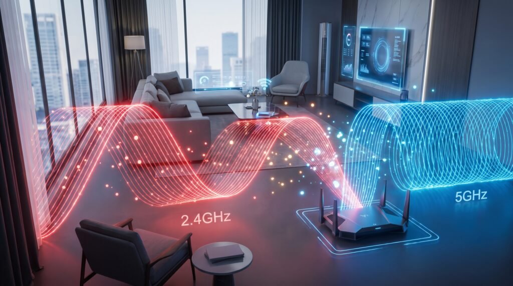 Ilustração 3D mostrando a diferença e o cruzamento das ondas de rádio 2.4GHz e 5GHz dentro de uma casa.