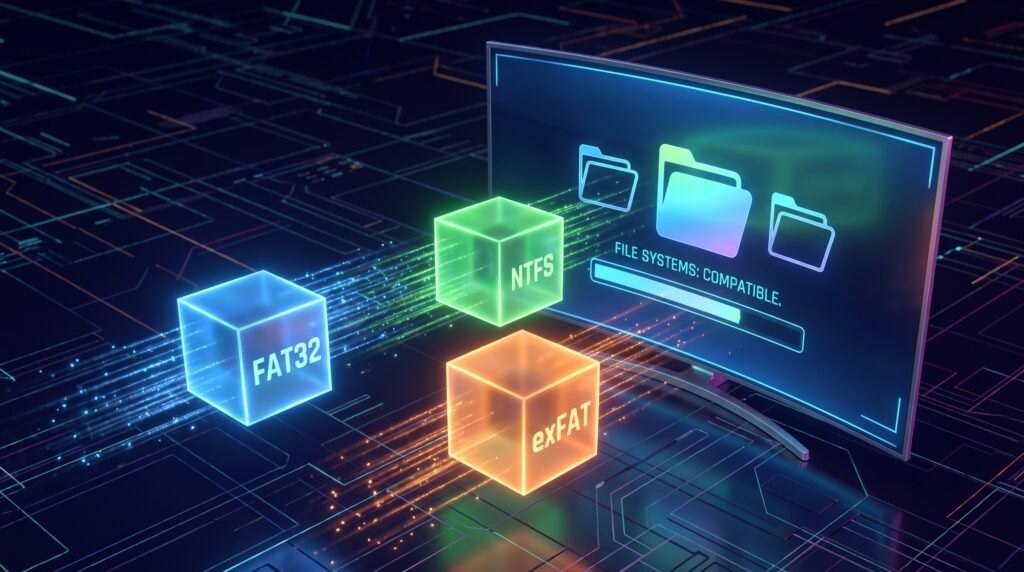 Ilustração 3D mostrando a diferença entre os sistemas de arquivos FAT32, NTFS e exFAT em Smart TVs.