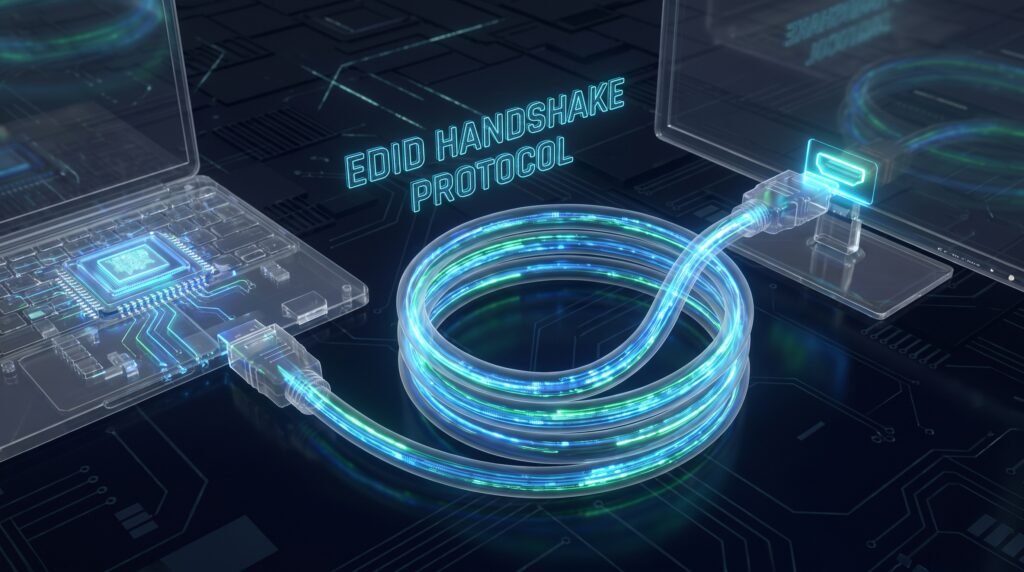 Ilustração 3D mostrando o fluxo de dados digitais passando por um cabo HDMI entre o notebook e o monitor.