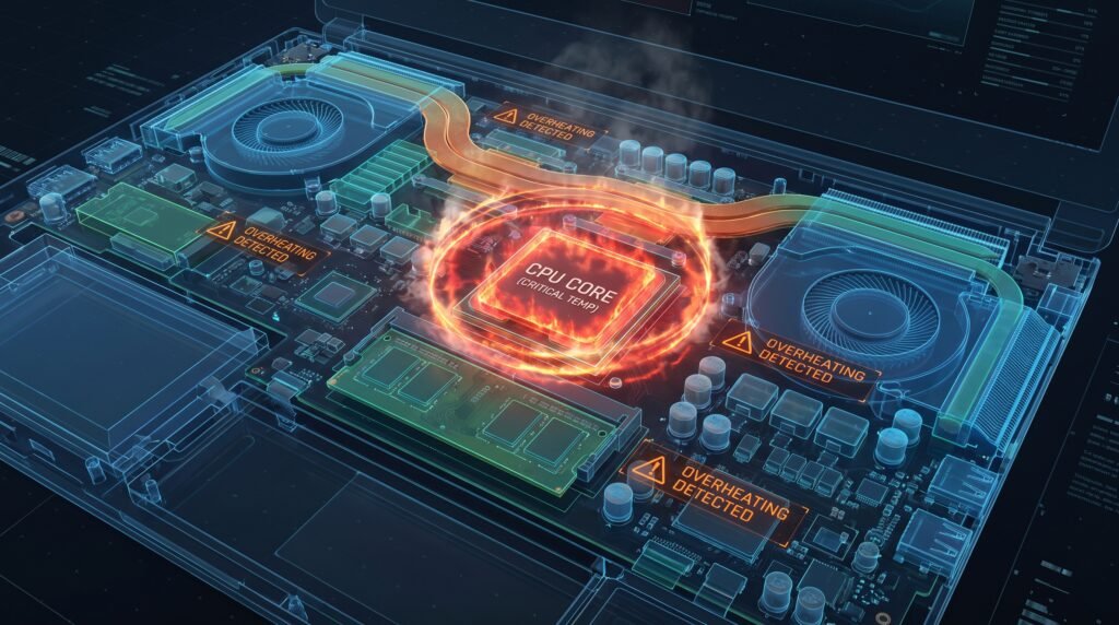 Ilustração digital de um processador de notebook superaquecido em cores vermelhas.