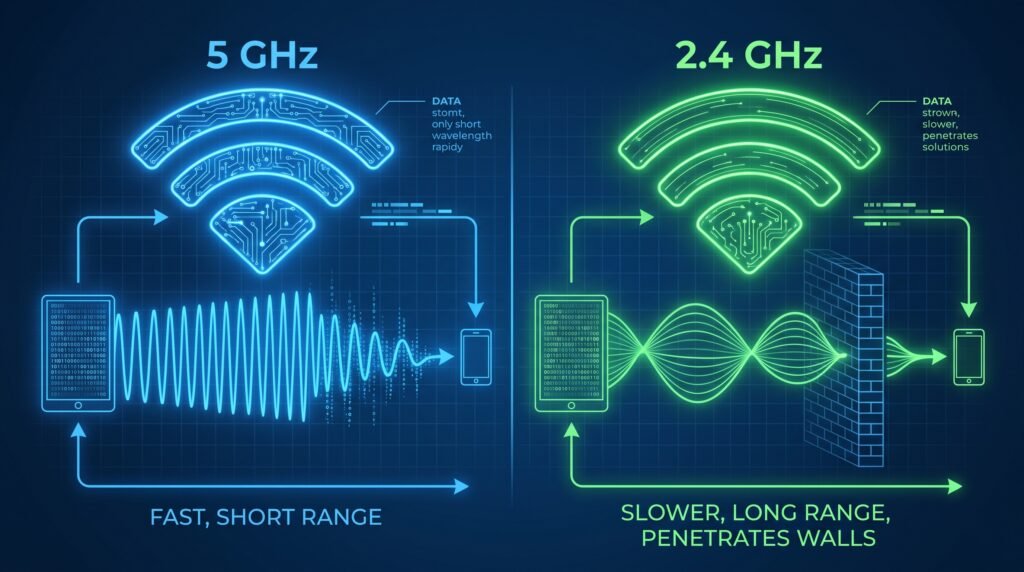 Ilustração digital educativa comparando a velocidade e o alcance das redes Wi-Fi de 5 GHz e 2.4 GHz atravessando paredes.