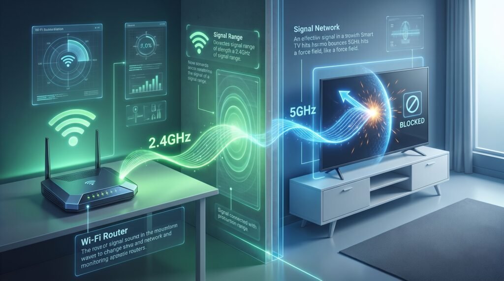 Ilustração digital educativa mostrando o roteador emitindo redes Wi-Fi de 2.4 GHz e 5 GHz e a televisão rejeitando a frequência incompatível.