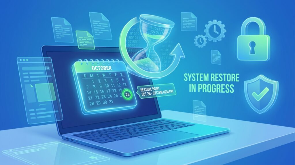 Ilustração digital representando o calendário de restauração do sistema voltando no tempo para uma data segura.