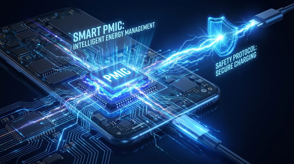 Ilustração digital representando o microchip inteligente da placa-mãe do celular gerenciando a energia que chega do cabo.
