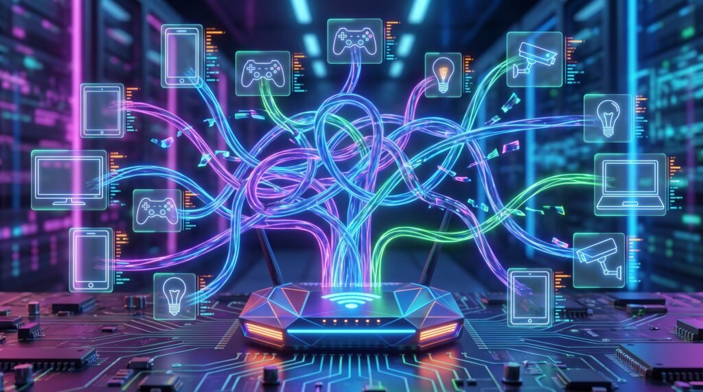 Ilustração digital representando o roteador lutando para enviar o sinal de internet Wi-Fi para diversos aparelhos diferentes causando lentidão.