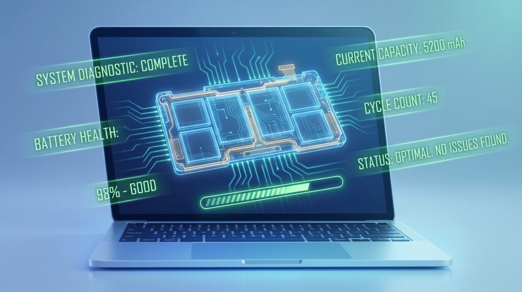 Ilustração digital tecnológica de um diagnóstico de sistema mostrando uma bateria interna e relatórios de saúde energética.