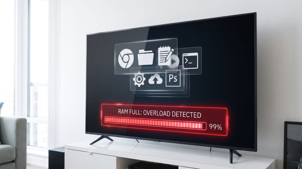 Ilustração representando diversos aplicativos abertos ao mesmo tempo ocupando e sobrecarregando a memória da Smart TV.