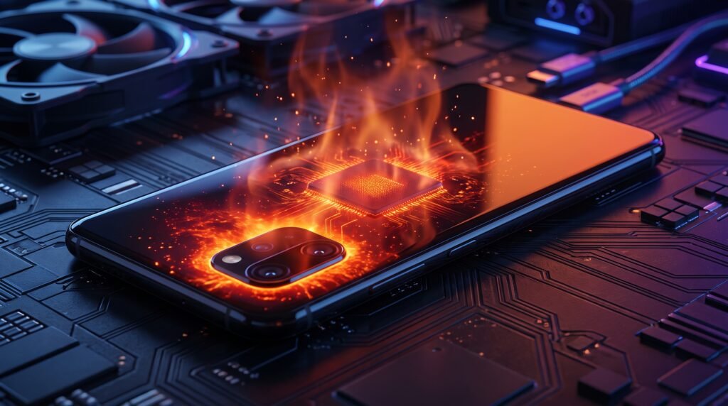 Ilustração térmica mostrando um celular brilhando em vermelho nas áreas traseiras devido ao superaquecimento do processador.
