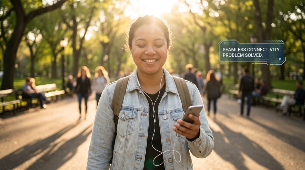 Jovem feliz e relaxada caminhando no parque escutando música perfeitamente através de fones de ouvido com fio conectados ao celular.