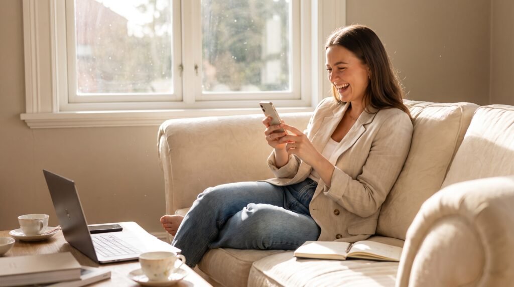 Jovem feliz e tranquilo no sofá de casa navegando perfeitamente pelo celular após restabelecer a conexão com a internet.