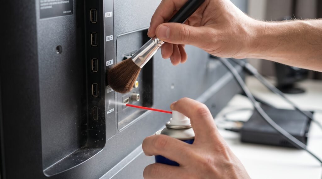 Limpeza cuidadosa da porta USB da televisão para remover poeira e melhorar a conexão.