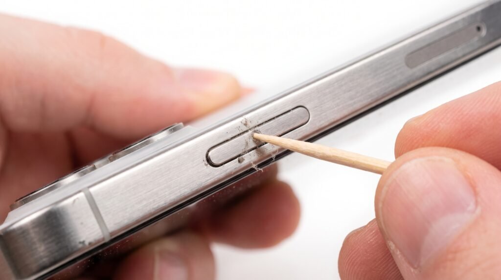 Limpeza cuidadosa do botão físico de liga e desliga do celular utilizando uma pequena ferramenta pontiaguda de madeira.