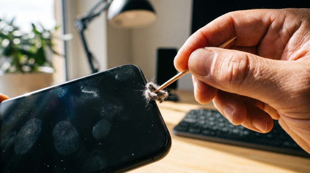 Limpeza segura da porta de carregamento do celular usando apenas um palito de madeira fino.