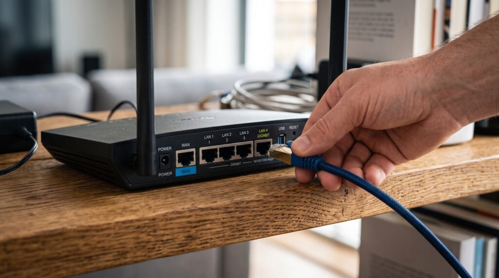 Mão conectando um cabo de rede azul grosso na porta LAN traseira do roteador para garantir internet rápida e sem falhas.