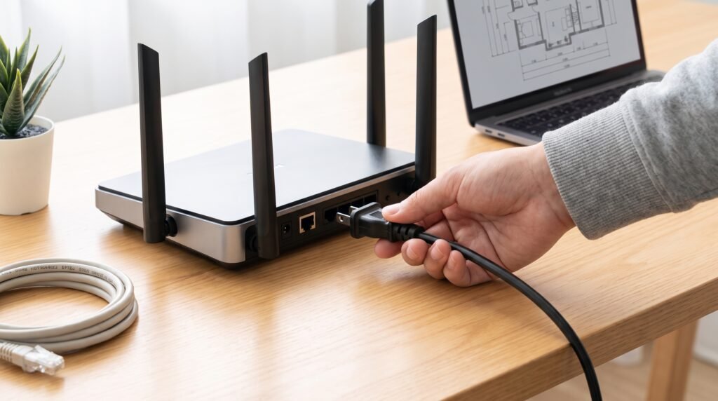 Mão de um usuário desconectando cuidadosamente o cabo de energia de um roteador Wi-Fi moderno na mesa.