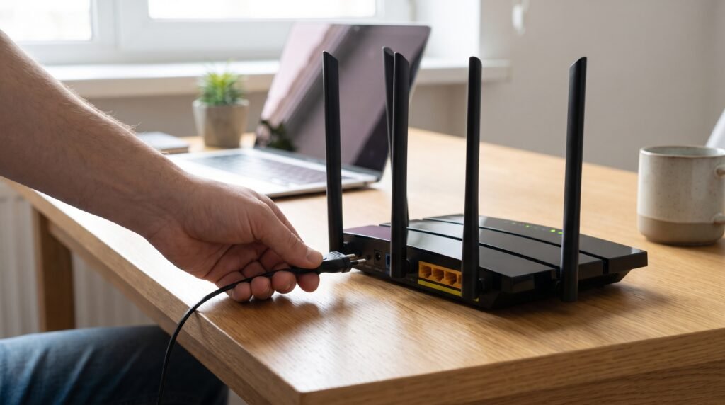 Mão de um usuário desconectando o cabo de energia de um roteador Wi-Fi moderno.