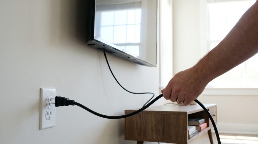 Mão de uma pessoa retirando com segurança o cabo de energia da televisão da tomada da parede para realizar a drenagem de energia.