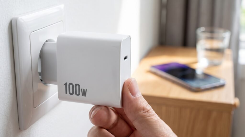 Mão de uma pessoa segurando um carregador branco de 100W prestes a conectá-lo na tomada da parede.