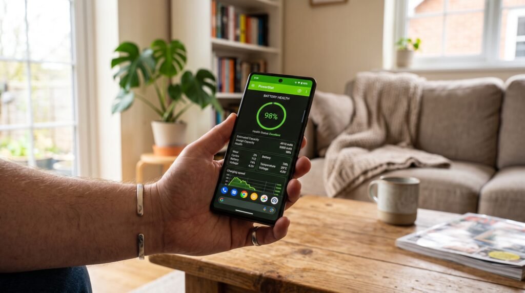 Mão segurando um celular Android exibindo um aplicativo de diagnóstico medindo a saúde da bateria em miliamperes.