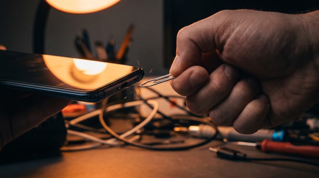 Mão segurando uma agulha de metal afiada prestes a limpar incorretamente a entrada do celular, alertando sobre o perigo de danos graves.