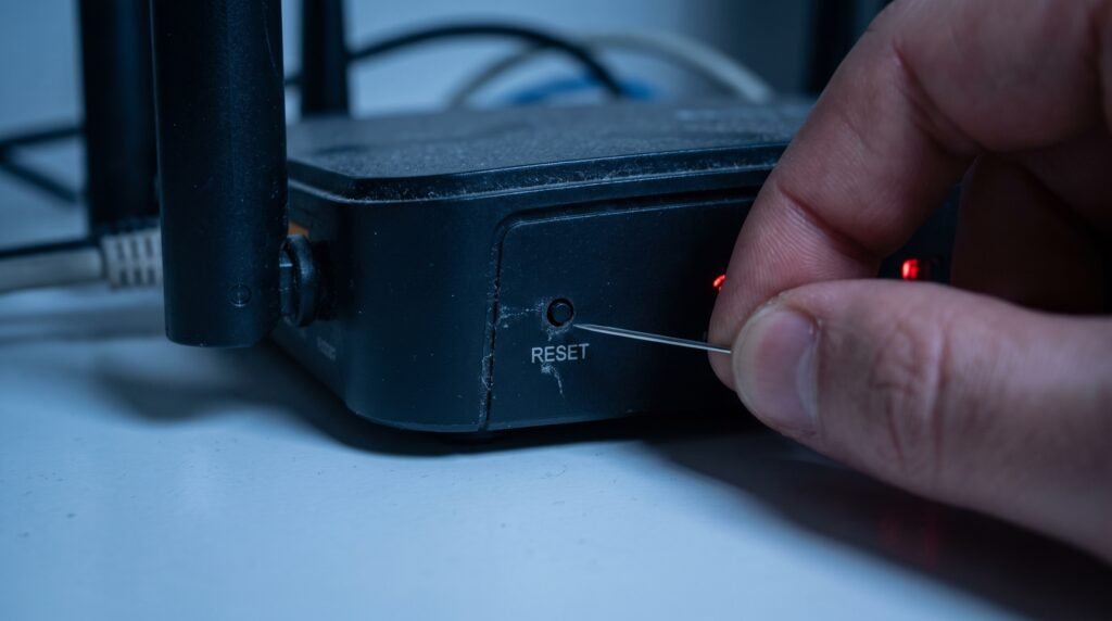 Mão segurando uma agulha prestes a apertar o pequeno botão de formatação reset na traseira de um roteador de internet.