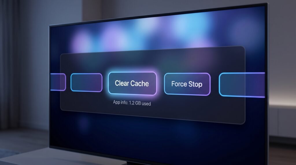 Menu de configurações da Smart TV mostrando as opções de limpar cache e forçar parada de aplicativos.