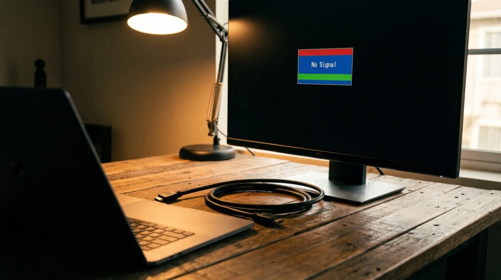 Notebook em uma mesa conectado a um monitor grande com erro de falta de sinal na tela.