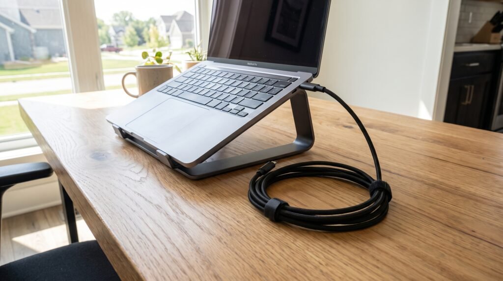 Notebook posicionado corretamente em suporte de resfriamento na mesa com o cabo do carregador enrolado com zelo e cuidado.