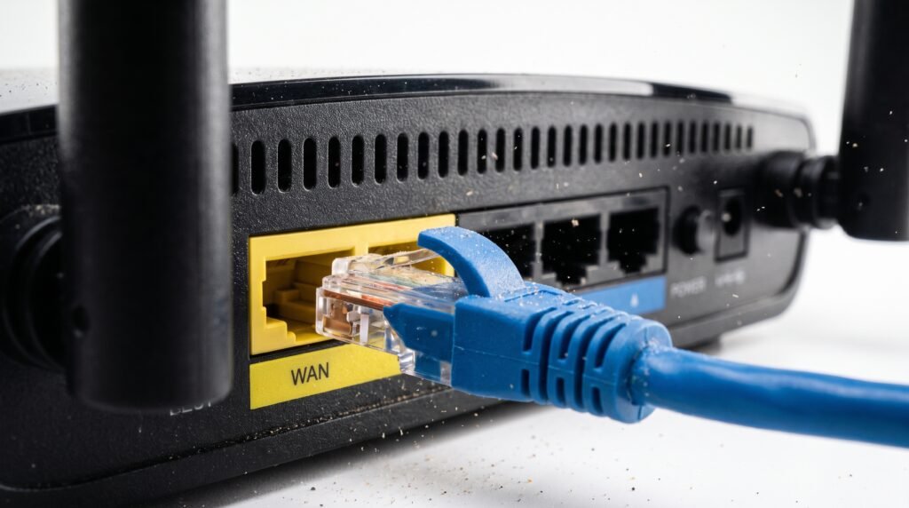 Parte traseira de um roteador de internet com um cabo azul desconectado e frouxo na porta de rede WAN.