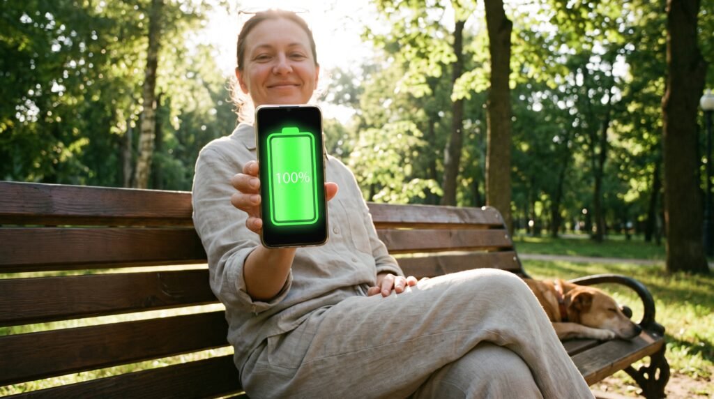 Pessoa feliz no parque segurando o smartphone com a bateria cheia marcando 100%.