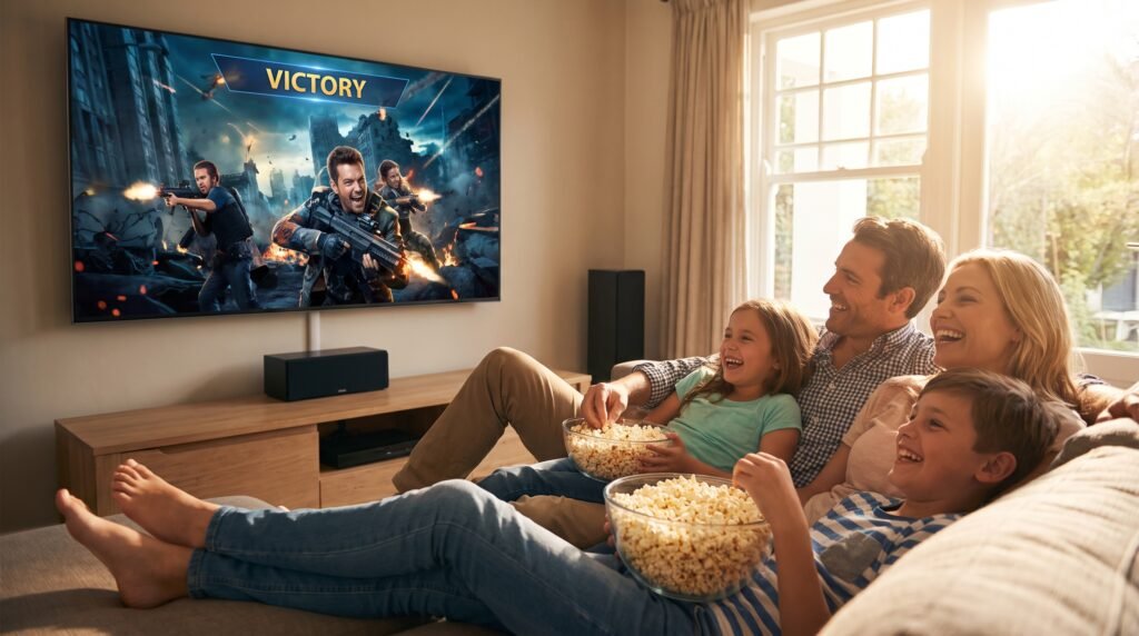 Pessoas felizes no sofá da sala assistindo sua série favorita na Smart TV que agora está funcionando de forma rápida.