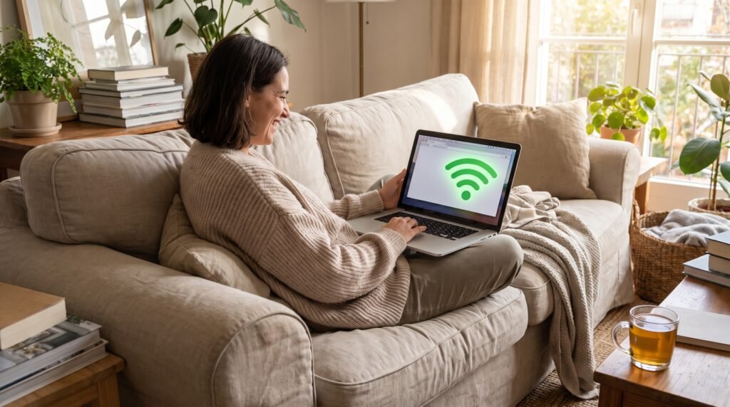 Pessoa feliz no sofá usando um notebook com sinal Wi-Fi completo e conectado.