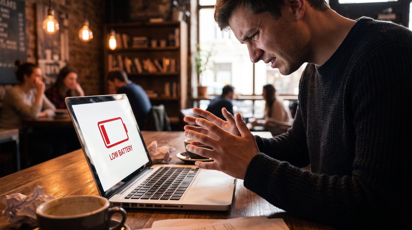 Pessoa frustrada no café olhando para o notebook moderno que exibe um grande alerta vermelho de bateria fraca na tela.